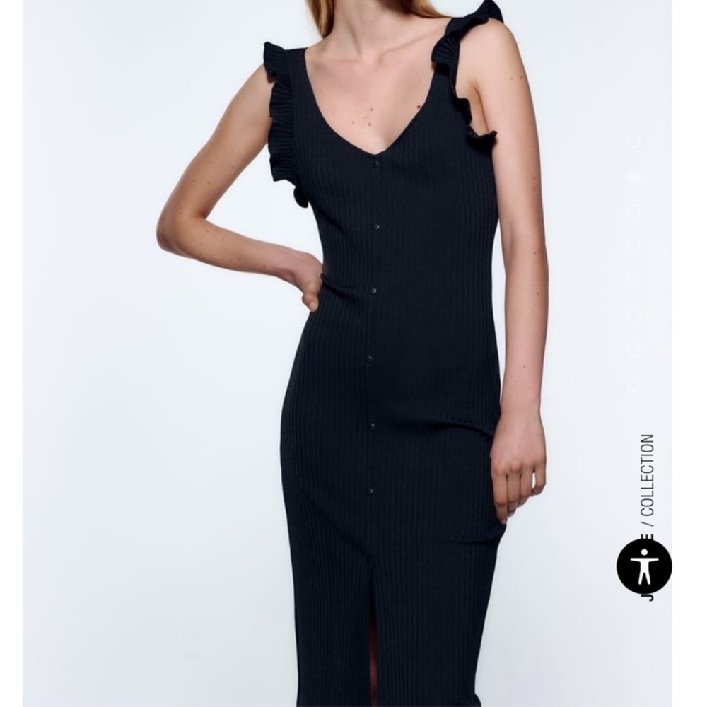 Zara little black ribbed scoop neck tank midi dress buttons ruffle sleeves
